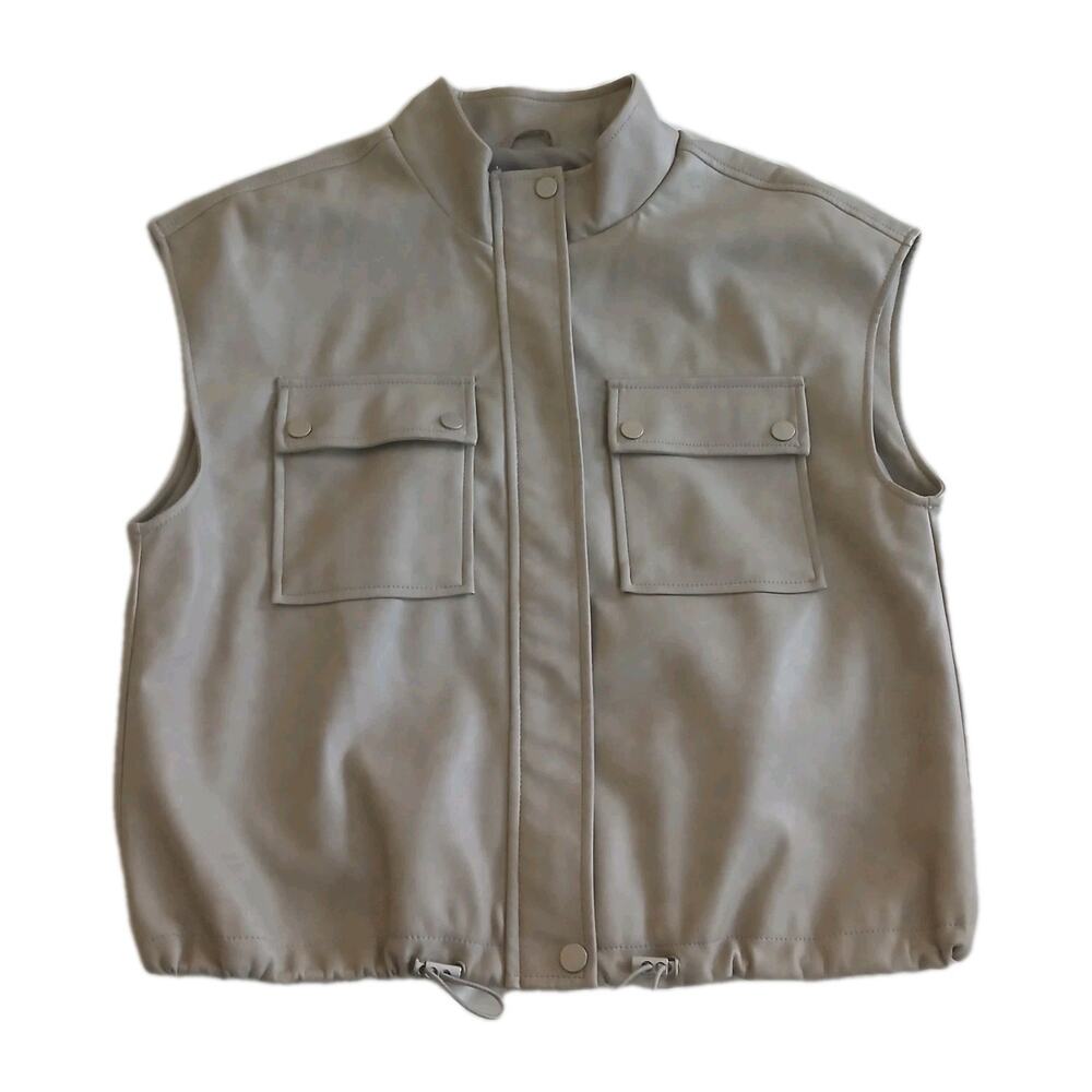 Bagatelle Collection Vest Womens M Beige Faux Leather Utility Cargo Snap Front